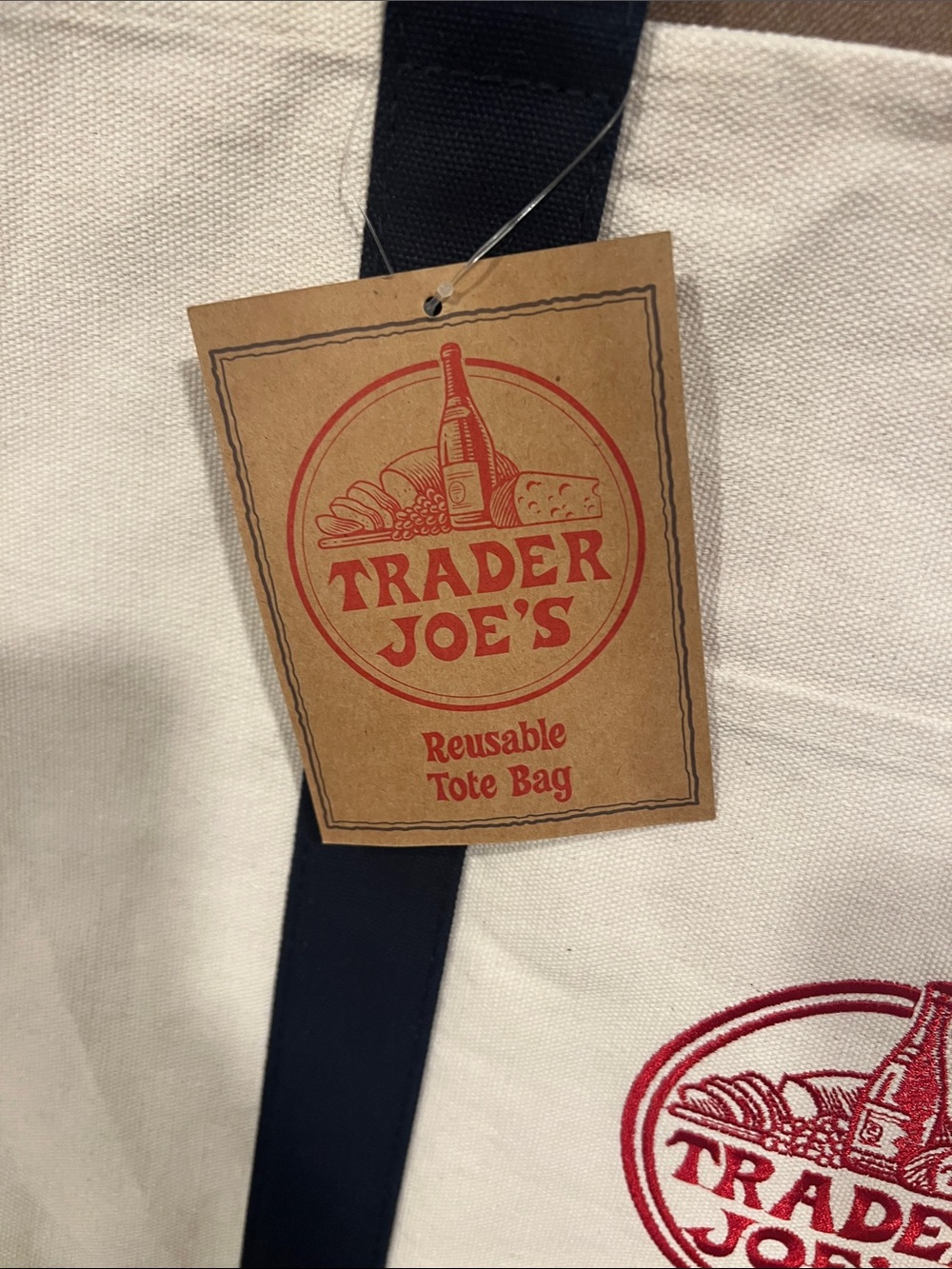 Trader Joe's Canvas Tote Bag in White and Navy - Picture 2 of 4